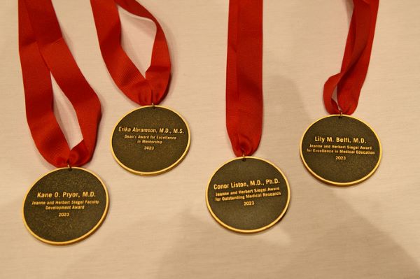 picture of four gold medals with red ribbons