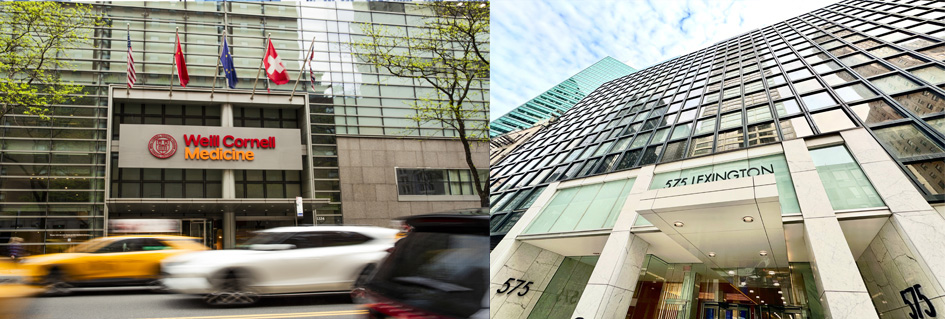 Exteriors of 1334 York Avenue (L) and the Midtown Clinical Care Center at 575 Lexington Avenue (R)